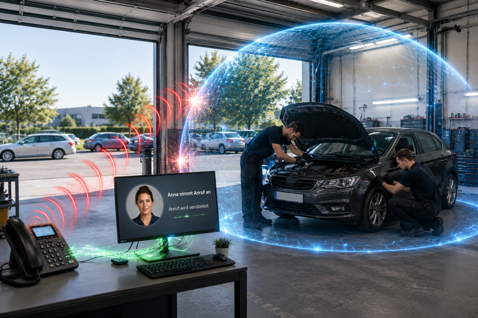 1support in der Werkstatt: Anna nimmt den Anruf an, während das Team am Auto arbeitet